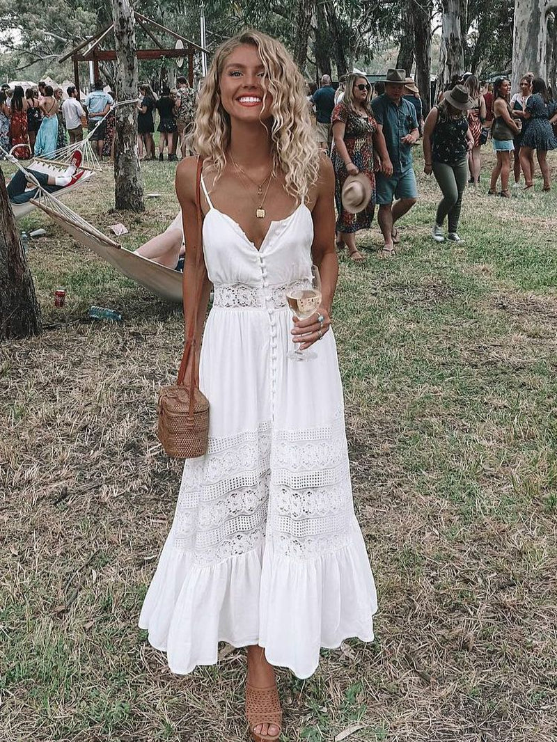 ladies white long dress Summer Fashion Boho Long Dress Women Ladies Sleeveless White Lace Beac – Variety Haven Online
