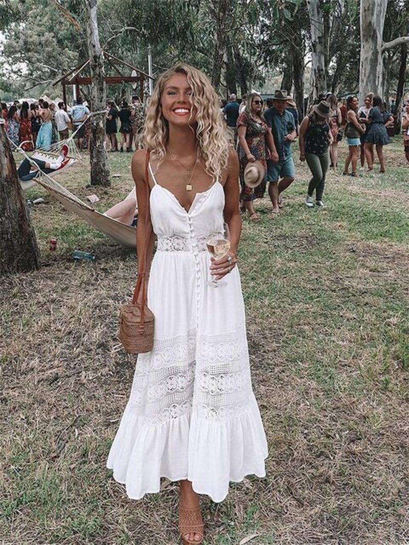 white womens beach dress Summer Fashion Boho Long Dress Women Ladies Sleeveless White Lace Beac – Variety Haven Online