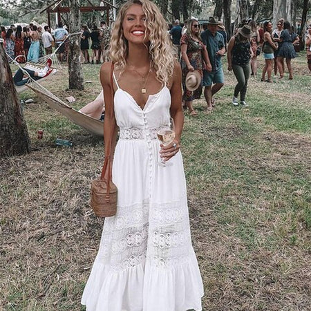 Summer Fashion Boho Long Dress Women Ladies Sleeveless White Lace Beach Dress Evening Party Casual Dresses Vestidos