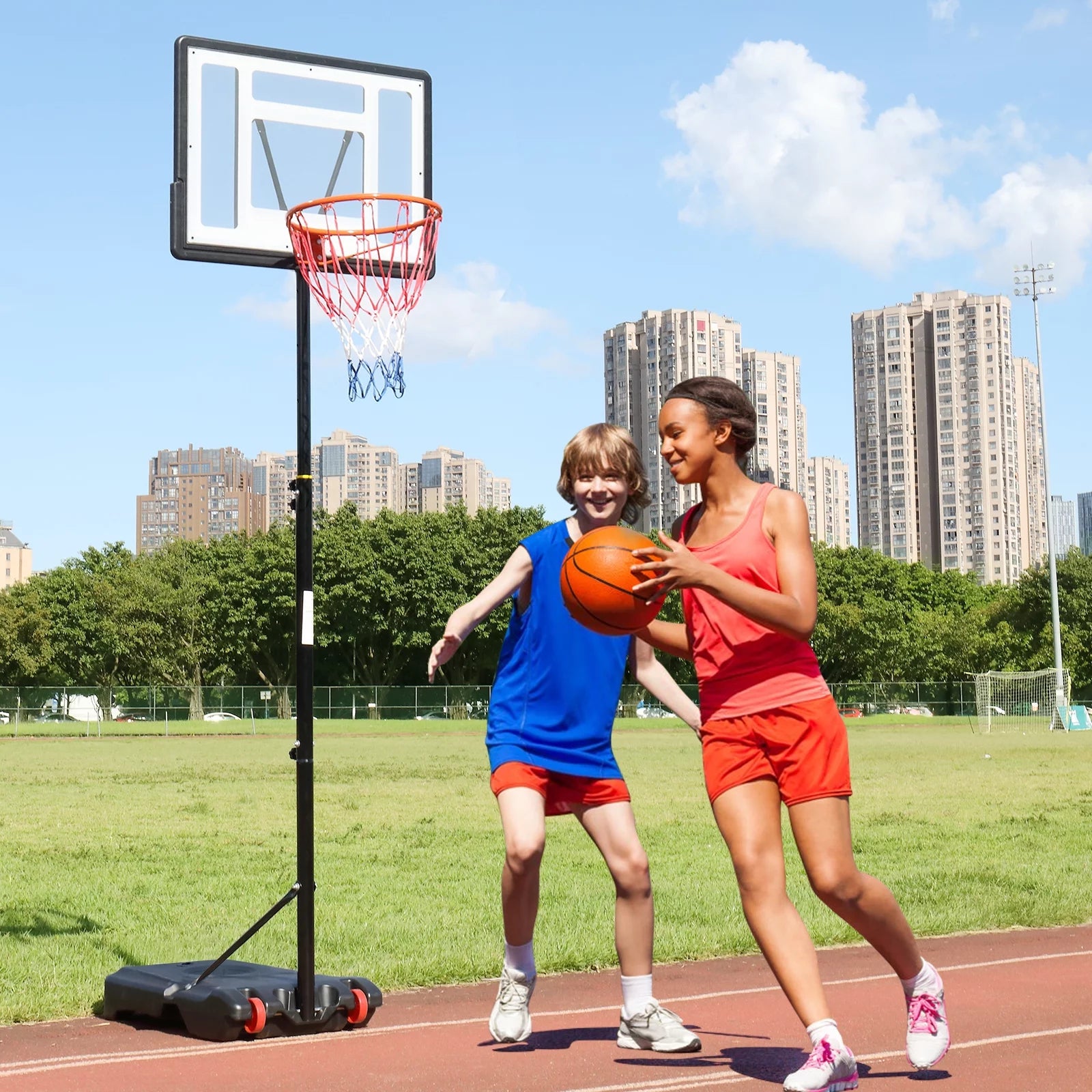 33 In. Portable Basketball Hoop Stand, 6.5-8 Ft Adjustable Basketball Goal System, with PVC Backboard Indoor/Outdoor