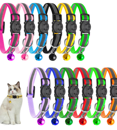 Upgraded Version - 12 Pack Reflective Cat Collar with Bell, Solid & Safe Collars for Cats, Nylon, Mixed Colors, Safety Buckle Kitten Collar, Breakaway Cat Collar for Girl Cats Male Cats