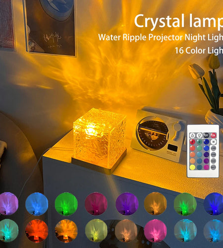 Dynamic Rotating Water Ripple Projector Night Light 3/16 Colors Flame Crystal Lamp for Living Room Study Bedroom Rotating Light