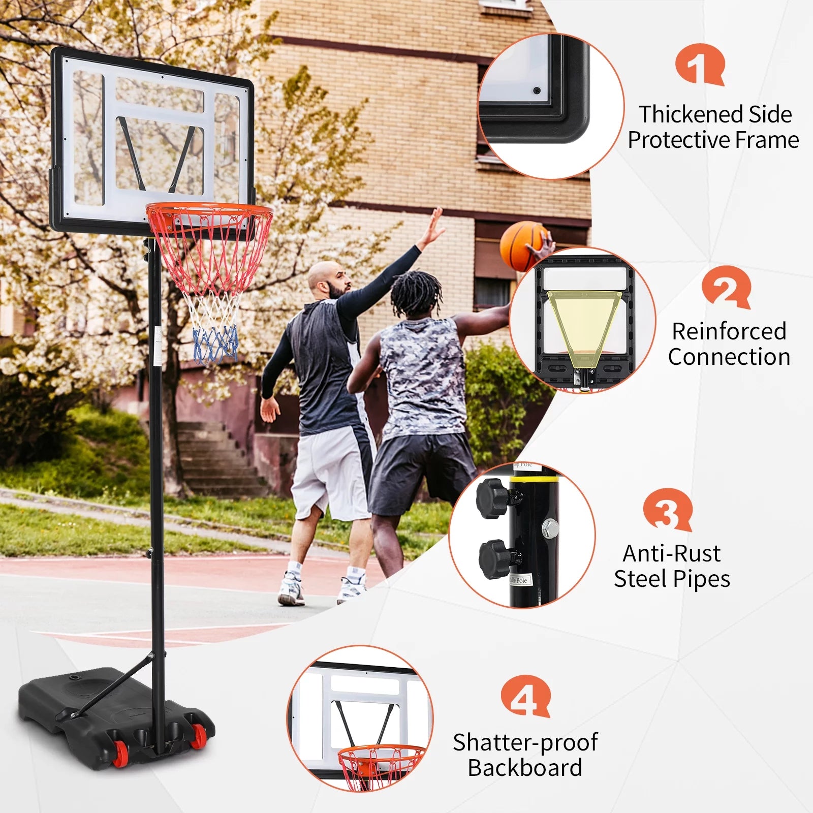 Pvc Backboard 33 In. Portable Basketball Hoop Stand, 6.5-8 Ft Adjustable Basketball ...