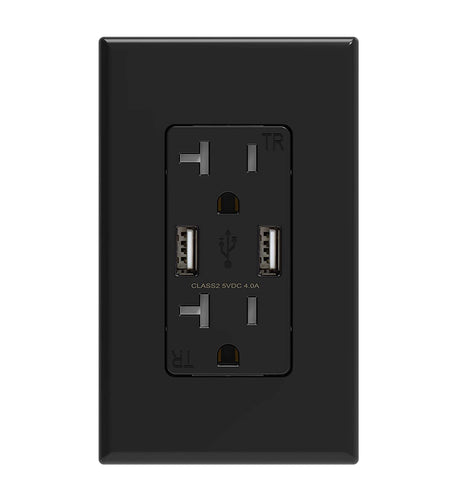 USB Charger Wall Outlet, Dual High Speed 4.0 Amp USB Ports with Smart Chip, 20 Amp Duplex Tamper Resistant Receptacle Plug NEMA 5-20R, Wall Plate Included, UL Listed (1 Pack, Glossy Black)
