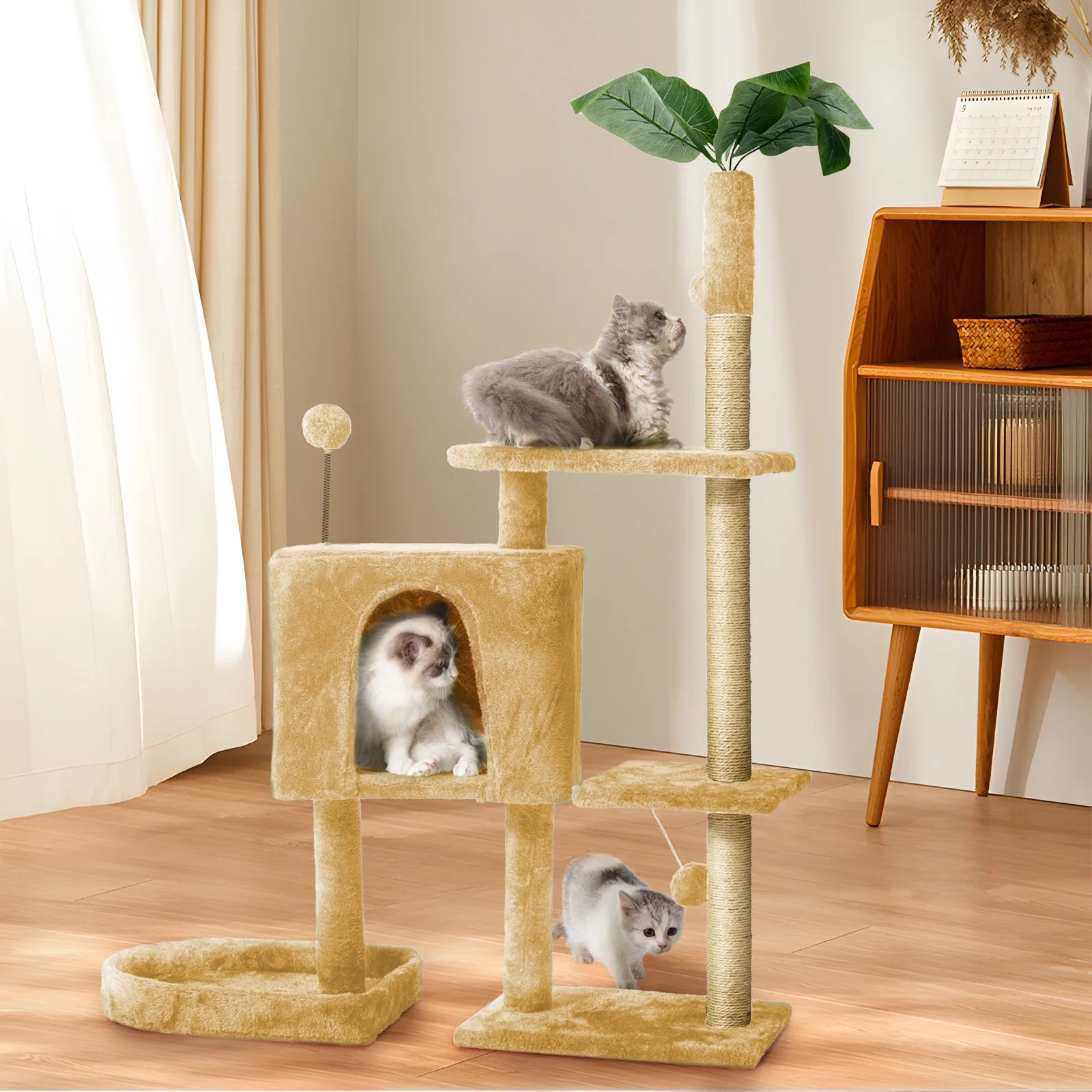 31.5" Cat Tree Cat Tower for Indoor Cats with Green Leaves, Cat Condo Cozy Plush Cat House with Hang Ball and Leaf Shape Design, Cat Furniture Pet House with Cat Scratching Posts,Grey