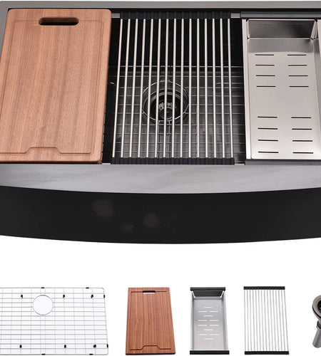 33 Inch Farmhouse Kitchen Sink Workstation Black -  33X22 Apron Front Workstation Farmhouse Sink Stainless Steel 16 Gauge Single Bowl Gunmetal Matte Black Farm Sink