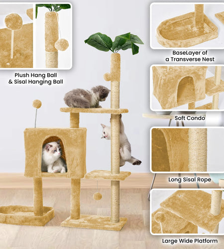 31.5" Cat Tree Cat Tower for Indoor Cats with Green Leaves, Cat Condo Cozy Plush Cat House with Hang Ball and Leaf Shape Design, Cat Furniture Pet House with Cat Scratching Posts,Grey