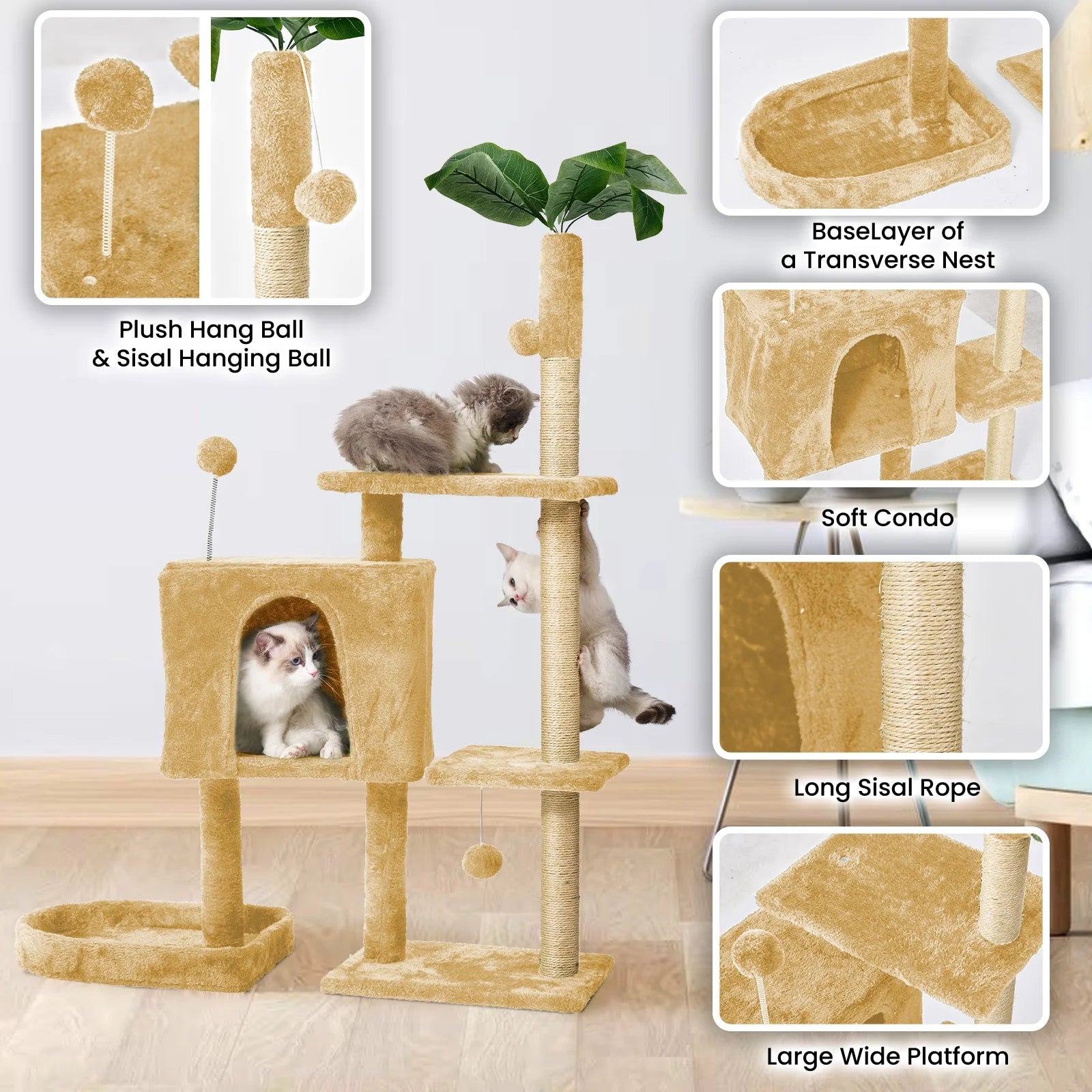 31.5" Cat Tree Cat Tower for Indoor Cats with Green Leaves, Cat Condo Cozy Plush Cat House with Hang Ball and Leaf Shape Design, Cat Furniture Pet House with Cat Scratching Posts,Grey