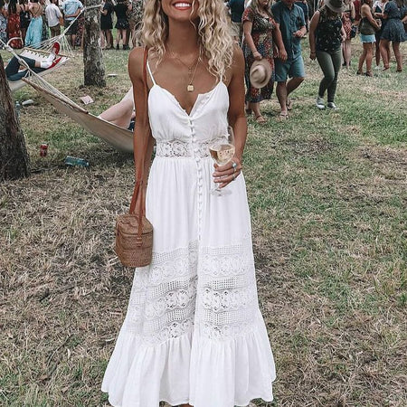 Summer Fashion Boho Long Dress Women Ladies Sleeveless White Lace Beach Dress Evening Party Casual Dresses Vestidos