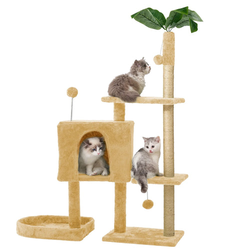 31.5" Cat Tree Cat Tower for Indoor Cats with Green Leaves, Cat Condo Cozy Plush Cat House with Hang Ball and Leaf Shape Design, Cat Furniture Pet House with Cat Scratching Posts,Grey