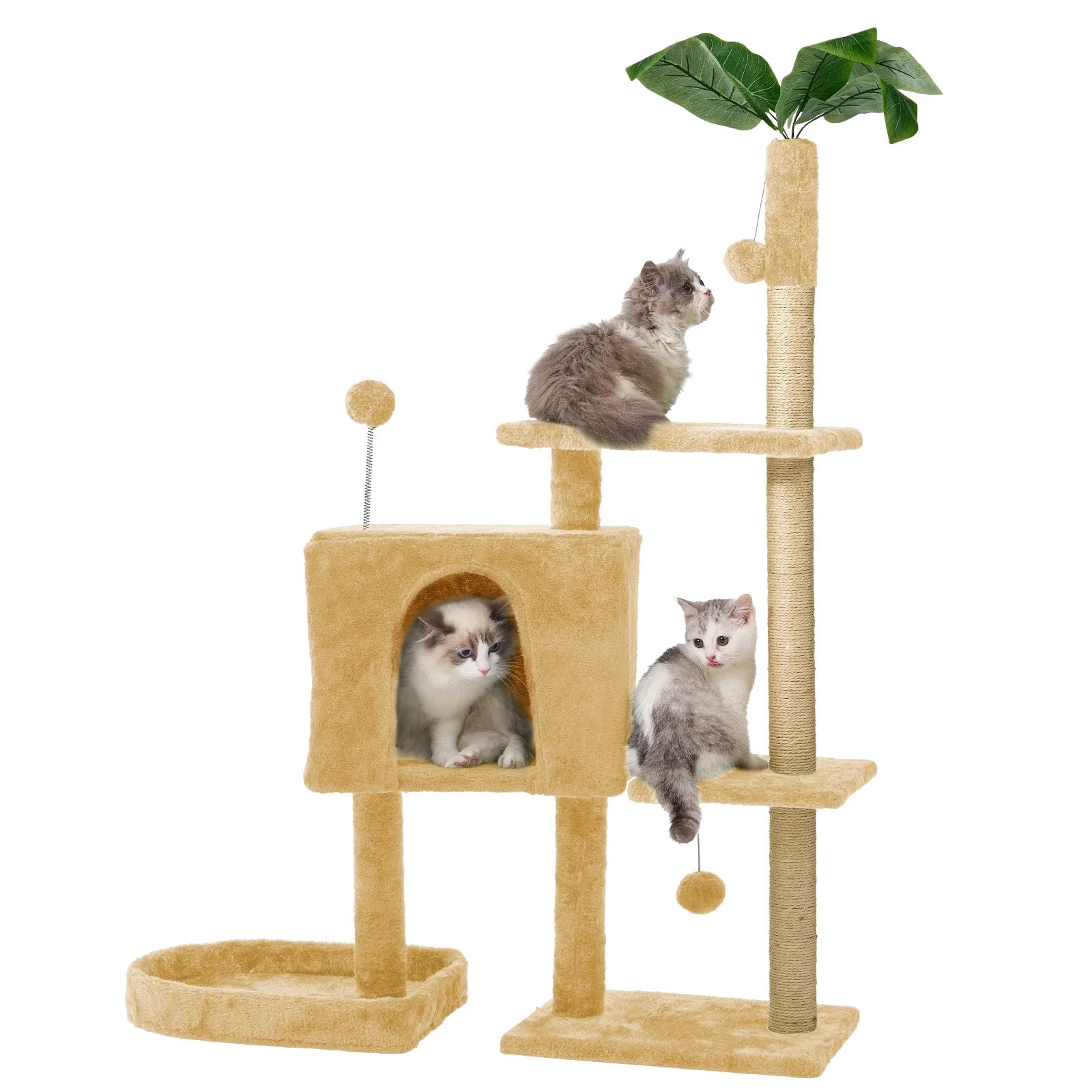 31.5" Cat Tree Cat Tower for Indoor Cats with Green Leaves, Cat Condo Cozy Plush Cat House with Hang Ball and Leaf Shape Design, Cat Furniture Pet House with Cat Scratching Posts,Grey