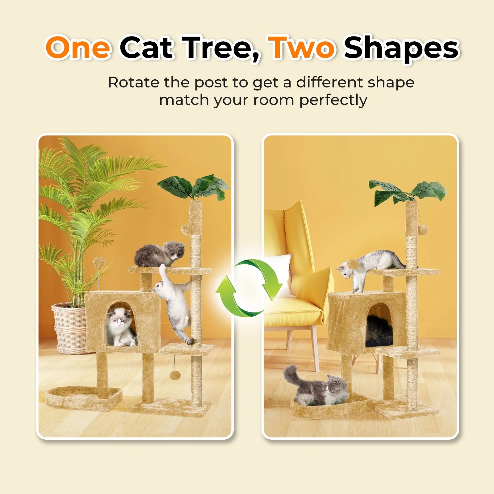 31.5" Cat Tree Cat Tower for Indoor Cats with Green Leaves, Cat Condo Cozy Plush Cat House with Hang Ball and Leaf Shape Design, Cat Furniture Pet House with Cat Scratching Posts,Grey