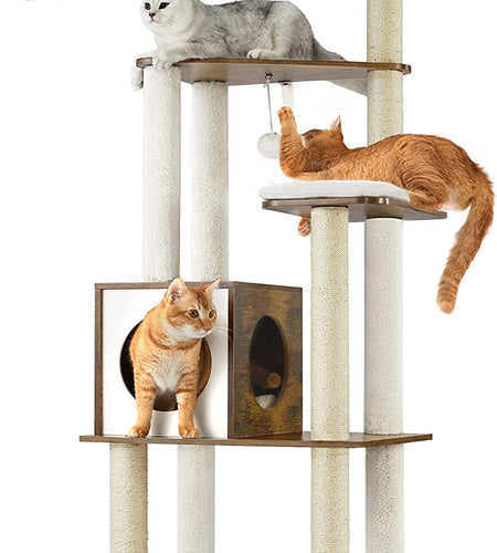Woodywonders Cat Tree, 65-Inch Modern Cat Tower for Indoor Cats, Multi-Level Cat Condo with 5 Scratching Posts, Perch, Washable Removable Cushions, Cat Furniture, Rustic Brown UPCT166X01