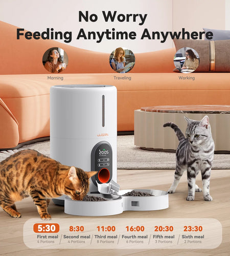 Automatic Cat Feeders for 2 Cats - Timed Dog Food Dispenser with Splitter and Two Stainless Bowls, Cat Feeders 10S Meal Call, 6 Meals per Day for Cats & Small Dogs, White