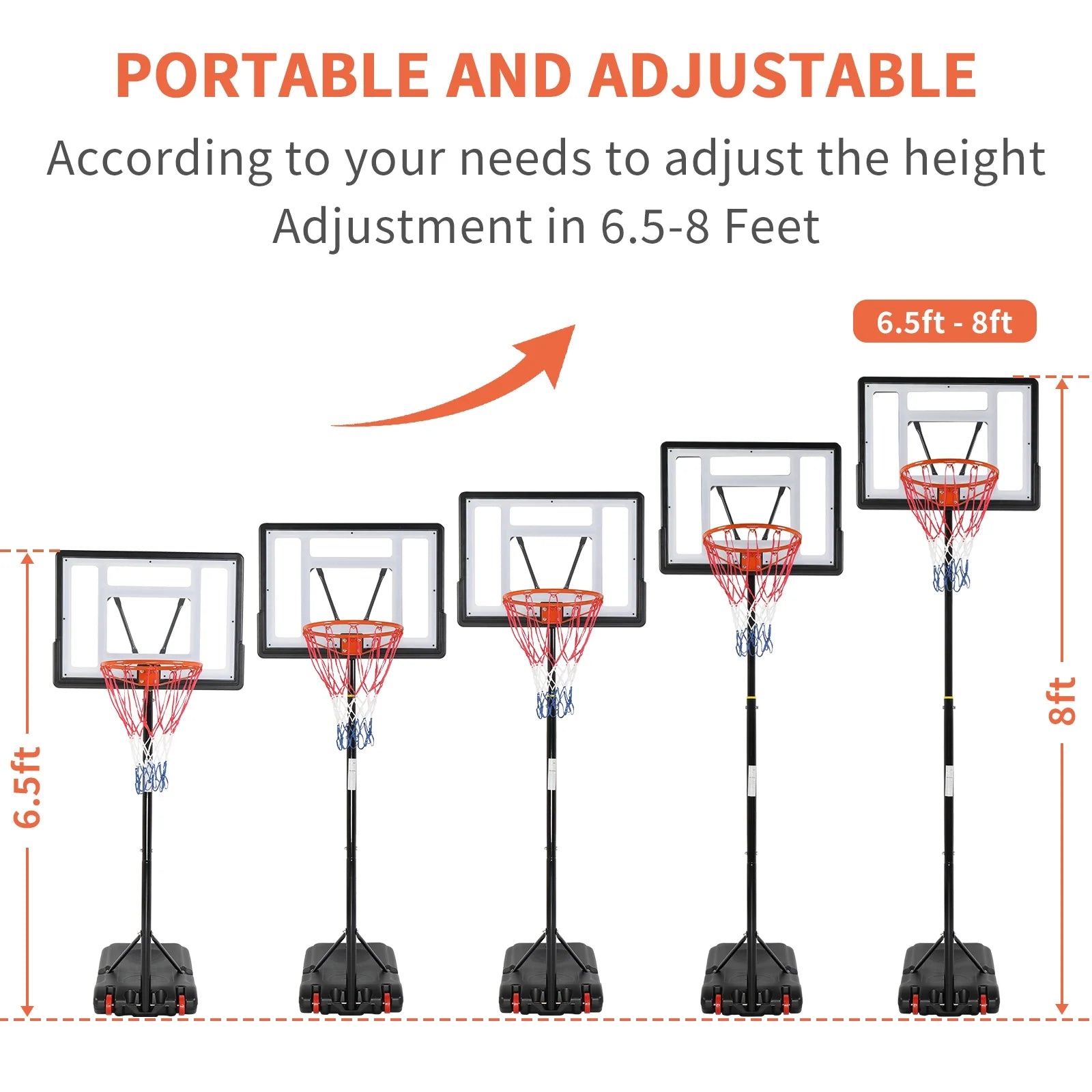 33 In. Portable Basketball Hoop Stand, 6.5-8 Ft Adjustable Basketball Goal System, with PVC Backboard Indoor/Outdoor