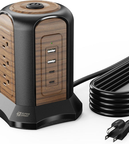 Power Strip Tower Surge Protector, Desktop Charging Station, 10 Ft Extension Cord, 9 Outlets, 4 USB Ports, 1080 Joules, 3-Prong, Grounded, Multiple Protections for Home, Office, Deep Brown