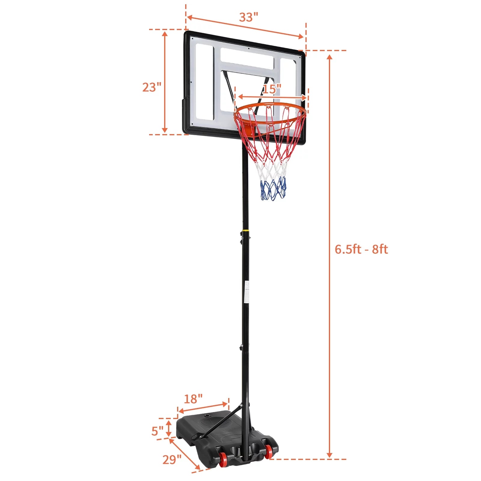 33 In. Portable Basketball Hoop Stand, 6.5-8 Ft Adjustable Basketball Goal System, with PVC Backboard Indoor/Outdoor