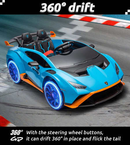 24V Kids Ride on Car, Licensed Lamborghini STO Electric Car for Boys Girls, 2-Seater Ride on Drift Car with Remote Control, Music, 360° Spin, Max Speed 6Mph, Blue