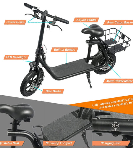 450W 36V Folding Electric Scooters E-Scooter, 12 Inches Tires Sports Electric Scooter with Seat, Adult Electric Bike Ebike Biycle, Electric Moped for Adult Commuter, Black
