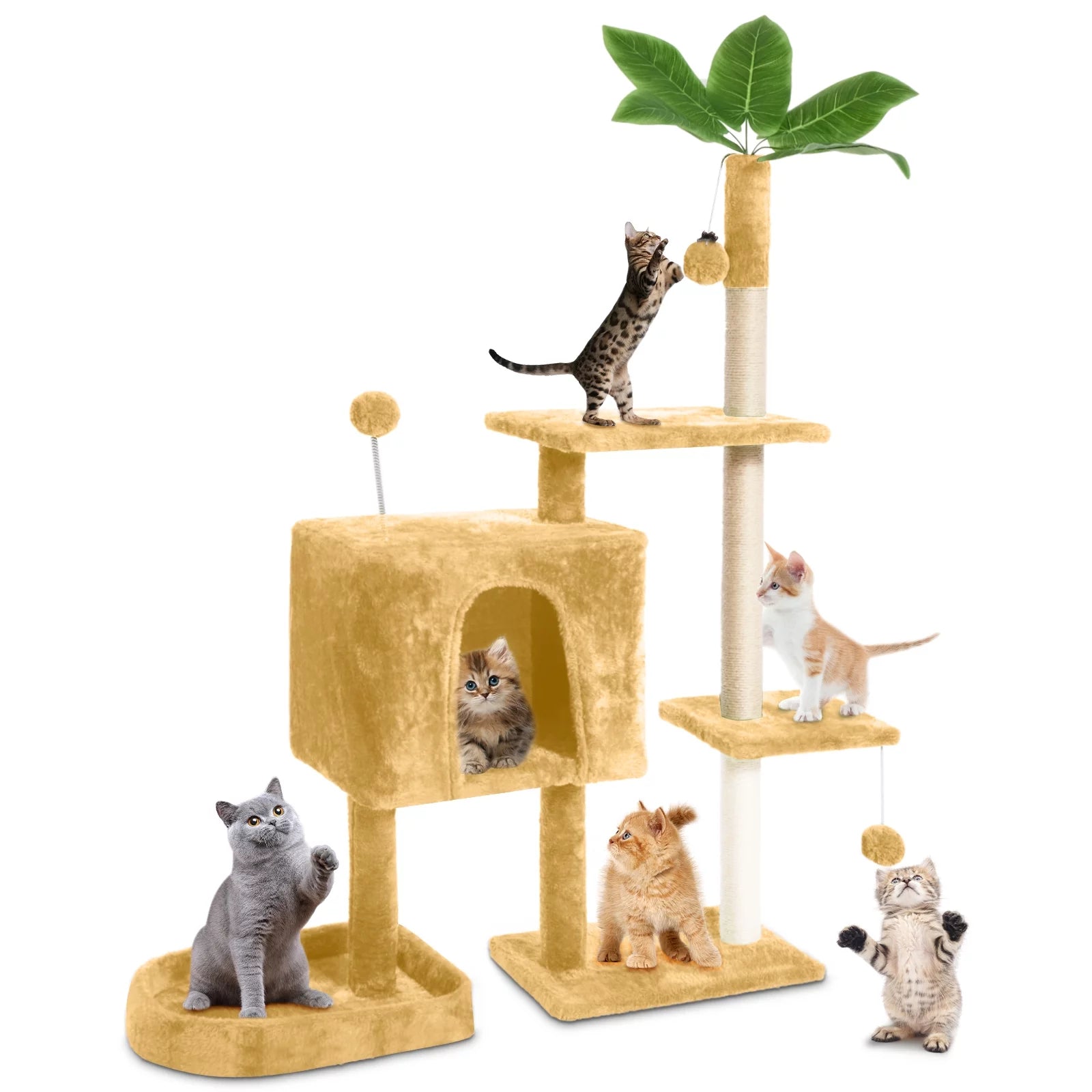 31.5" Cat Tree Cat Tower for Indoor Cats with Green Leaves, Cat Condo Cozy Plush Cat House with Hang Ball and Leaf Shape Design, Cat Furniture Pet House with Cat Scratching Posts,Grey