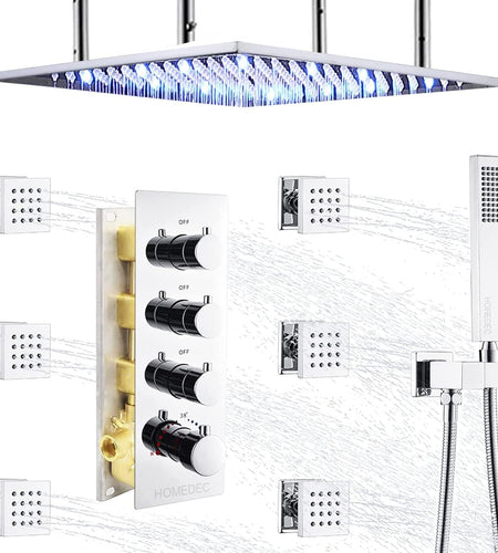 20Inch Thermostatic Shower Faucets Complete Set, Brass Luxury LED Rain Shower System with 6 Full Body Jets, Can Use 2 Functions Once Time, Ceiling Mount