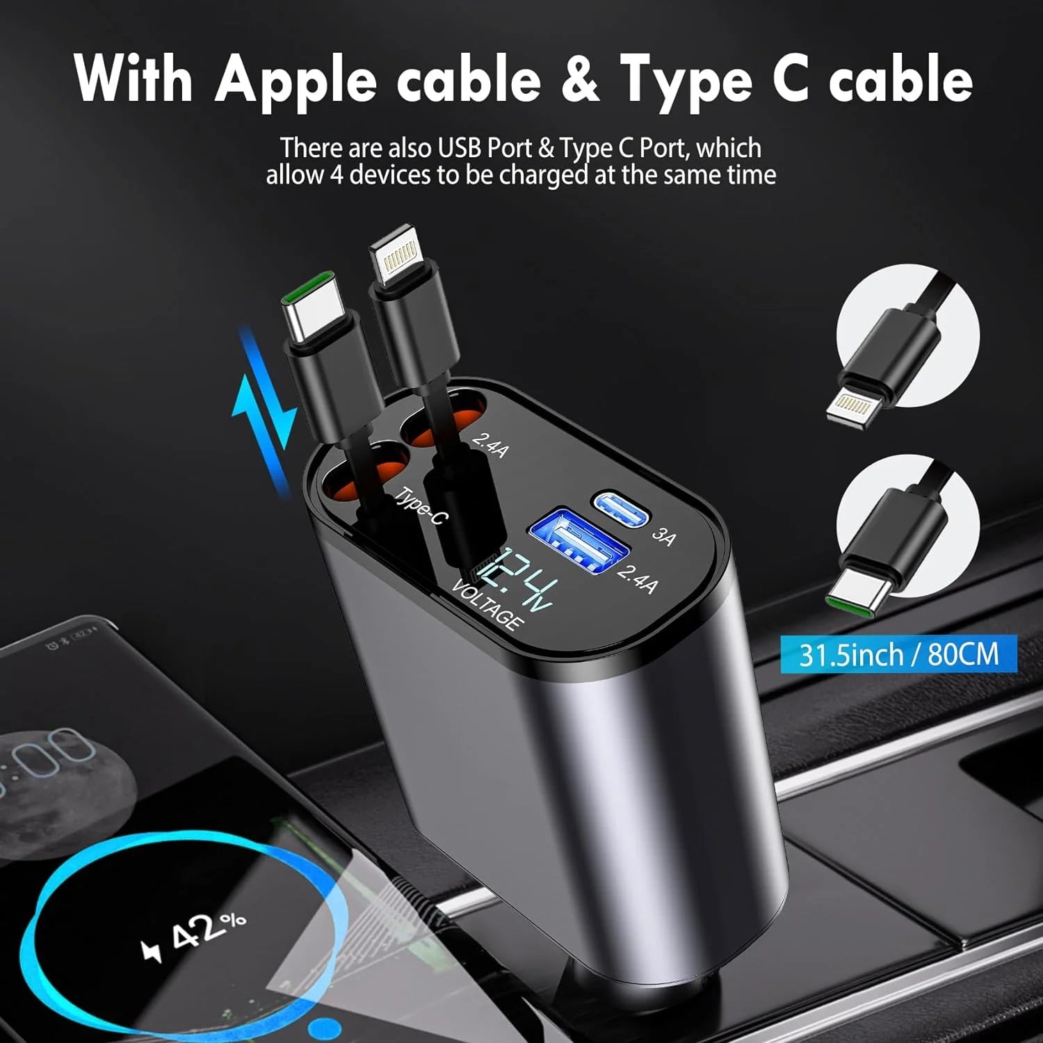 apple cigarette charger mophie USB-C 20W Car it features two output connectors to charge multiple devices simultaneously Retractable Car Charger, 100W 4